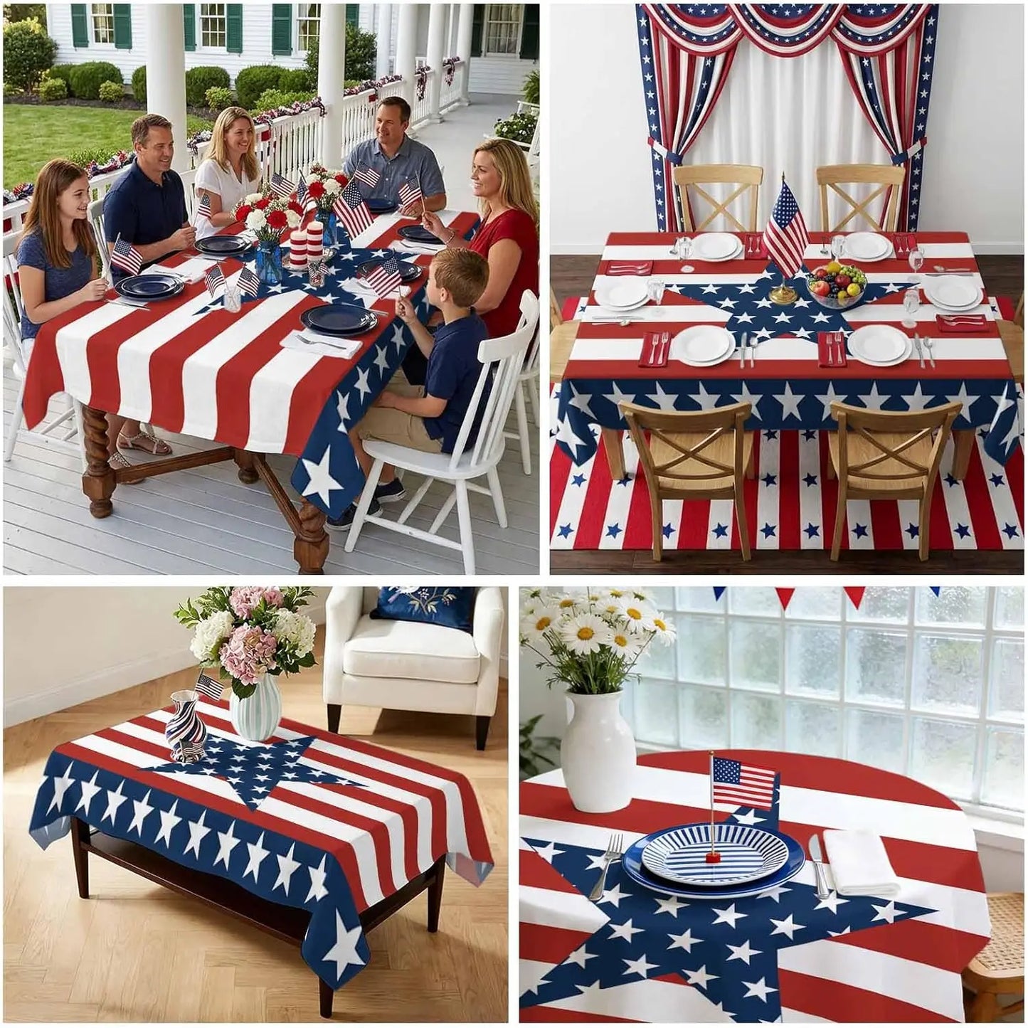 4th of July Patriotic Tablecloth – Red White Blue Stars & Stripes Table Cover for Holiday Party Decor