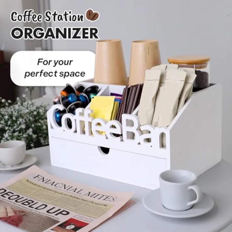 Coffee Bar Organizer for Countertop Wooden Coffee Station with Drawer Tea and K Cup Storage Condiment Rack Coffee Pod Holder