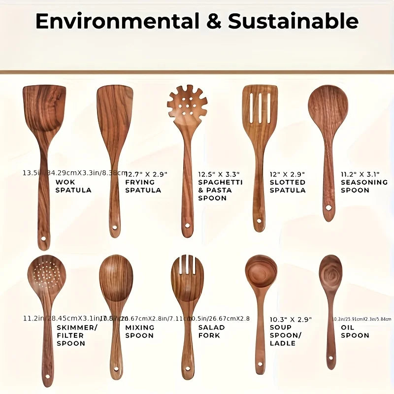 10PCS Natural Wooden Spoon Set Cooking Utensils for Salad Soup Noodles Kitchen Utensil Kit with Spoons Ladles