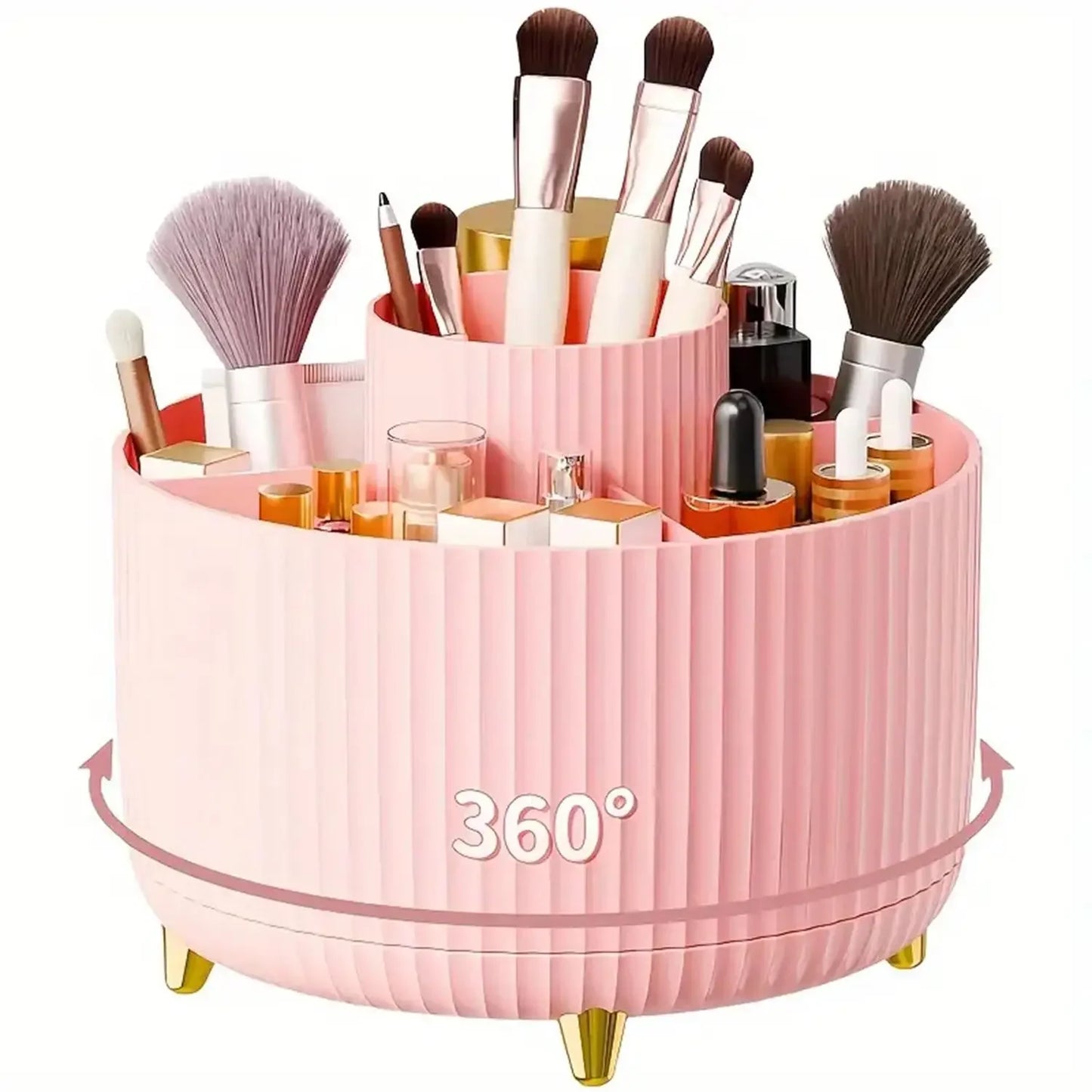 360° Rotating Makeup Organizer with 5 Compartments - Multi-Functional Holder for Brushes