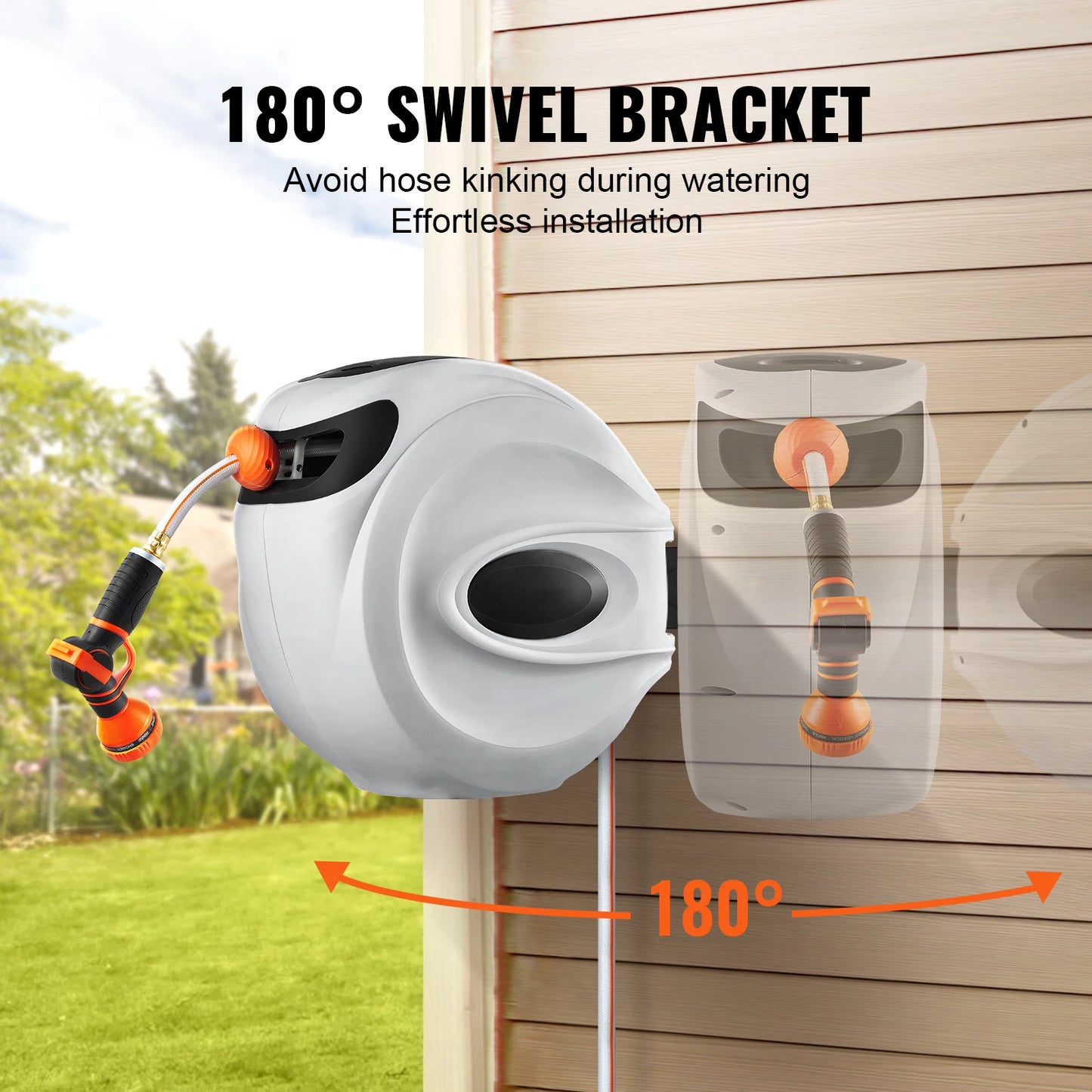 Retractable Hose Reel 180° Swivel Bracket Wall-Mounted Garden Water Hose Reel with 9-Pattern Nozzle Automatic Rewind
