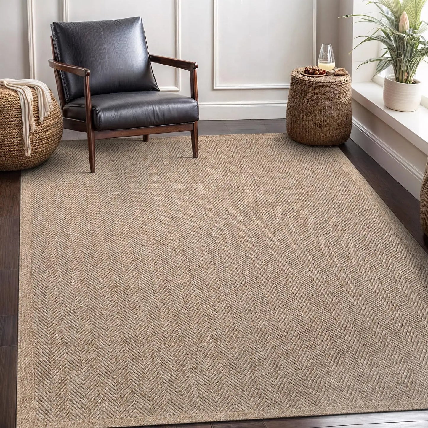 5x7 Natural Area Rug, Herringbone Seagrass Design for Indoor Outdoor Use