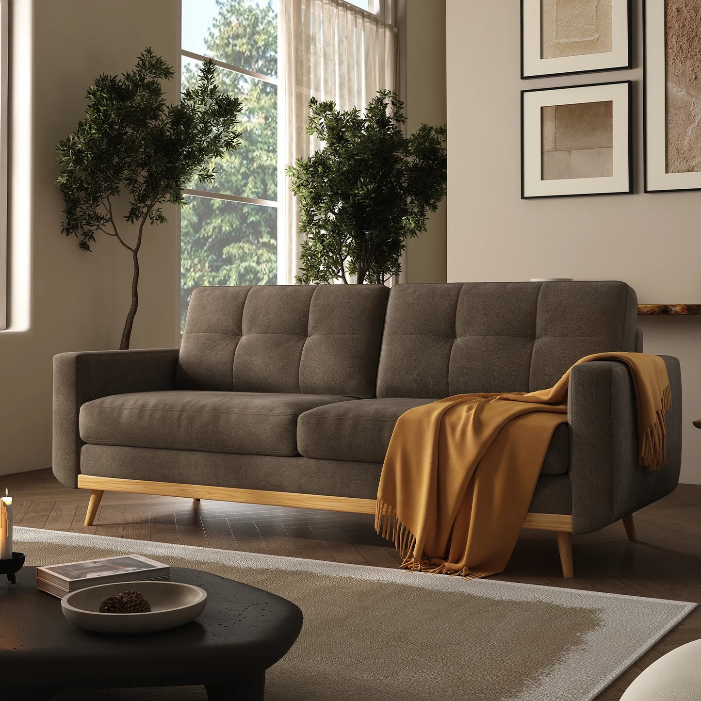 67-inch Retro Sofa with Wooden Legs