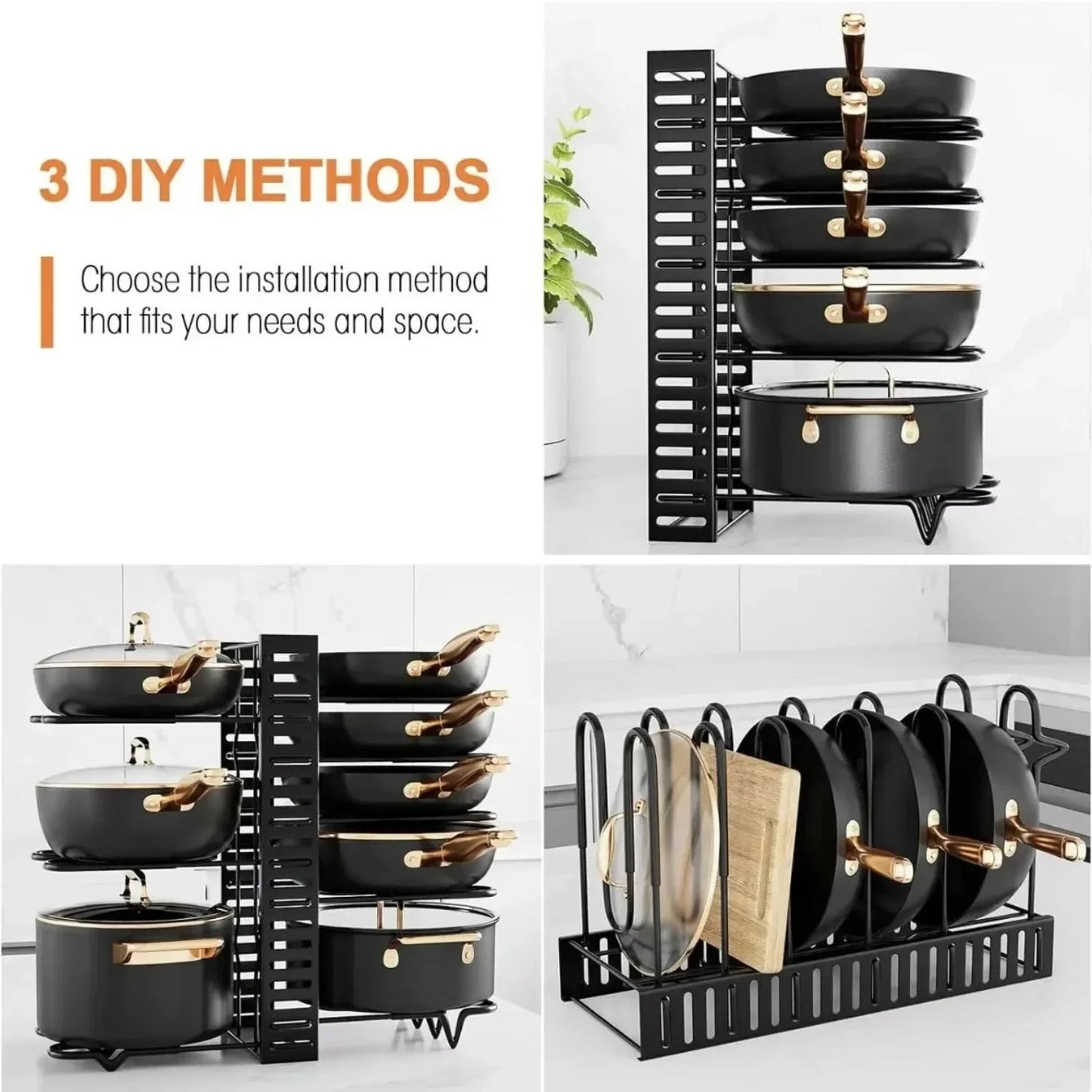Adjustable 8-Tier Pots and Pans Organizer Rack with 3 DIY Methods, Kitchen Cabinet Storage