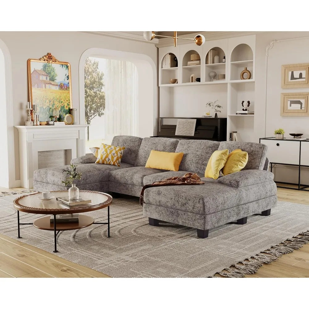 U-Shaped Linen Fabric Sectional Sofa, 4-Seater with Double Chaise