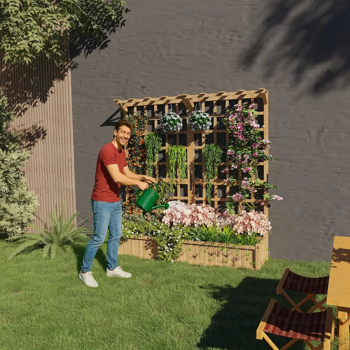 Large Raised Garden Bed with Lattice Trellis for Vine Climbing& Hanging Roof With 8 Drainage Holes