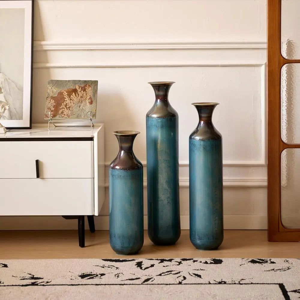 Set of 3 Large Metal Decorative Vases – Elegant Glazed Vase Trio for Living Room, Entryway, Hallway & Dining Room Décor