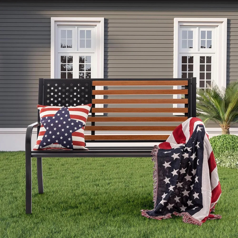 50" Outdoor Garden Bench, Cast Iron Frame, Weatherproof Seat, Classic Americana Backrest, Black & Woodgrain Colors