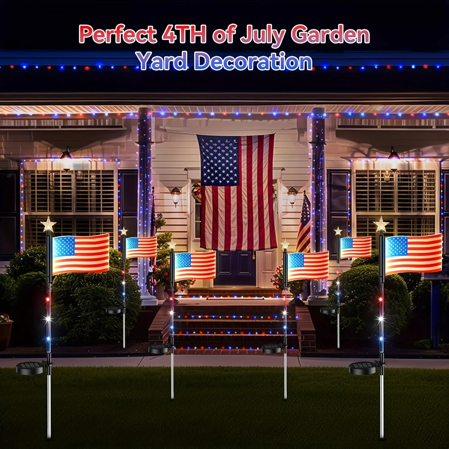 8-PCS USA Flag LED Solar Lights – Patriotic 4th of July Yard & Garden Stakes for Independence Day