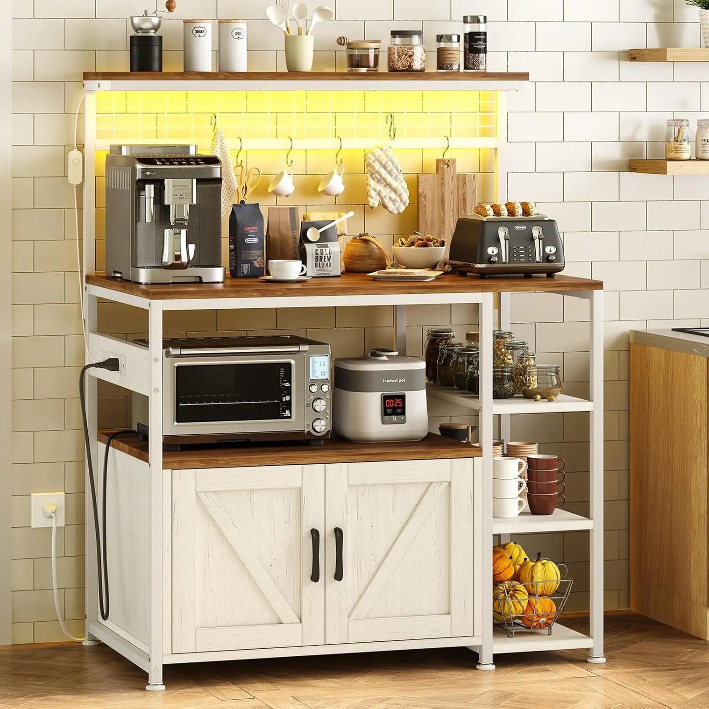 Bakers Rack with Power Outlet and LED Light, Microwave Stand with Storage Cabinet, Coffee Bar Cabinet Station