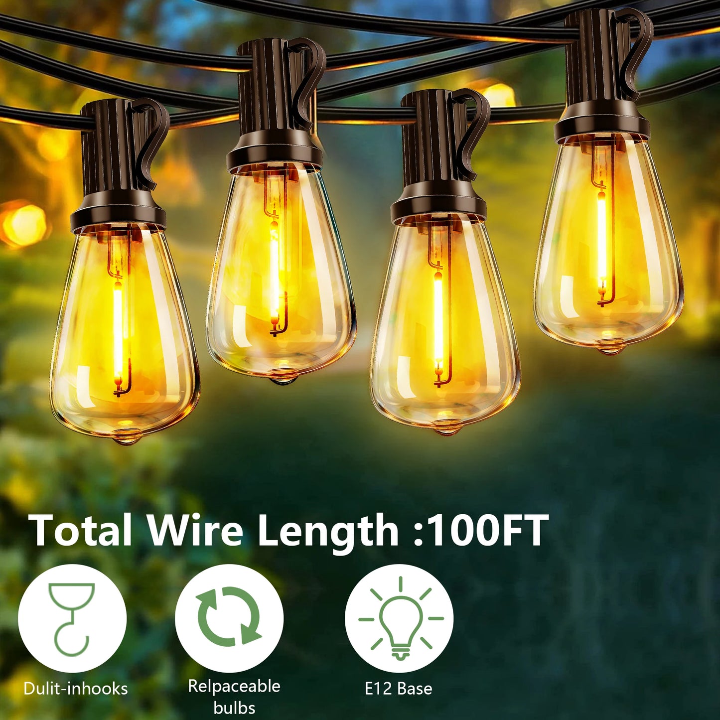 100FT Solar Outdoor String Lights Waterproof Patio Lights, Shatterproof E12 Replaceable Bulbs, Remote Dimmable Timing