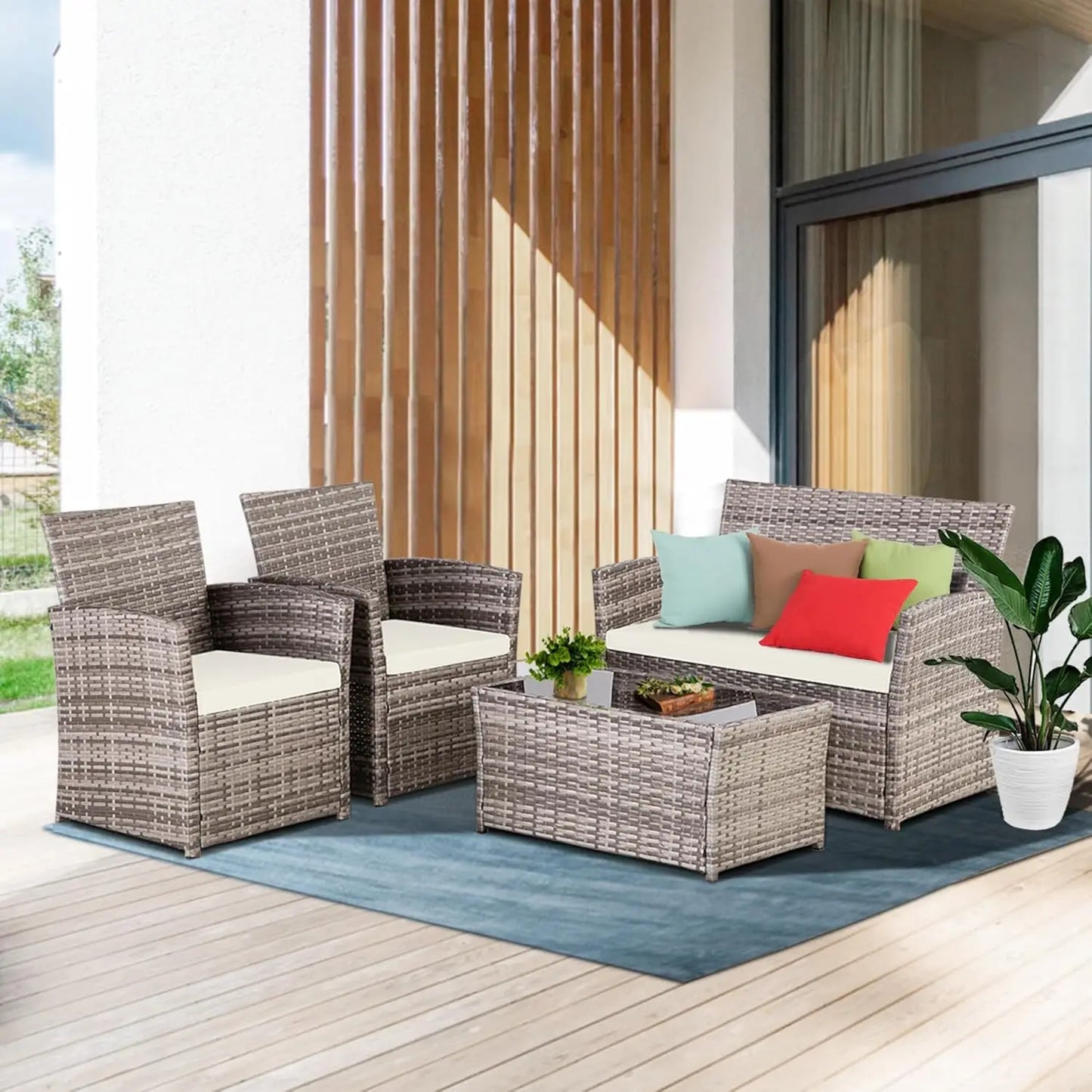 4‑Piece Outdoor Patio Furniture Set – Rattan Sofa, Chairs & Coffee Table