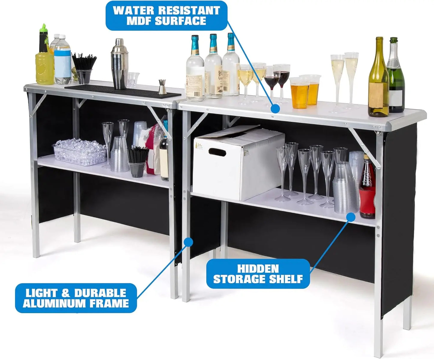 Portable Double Bar Table Set – Mobile Bartender Station with Carrying Case (Standard or LED)