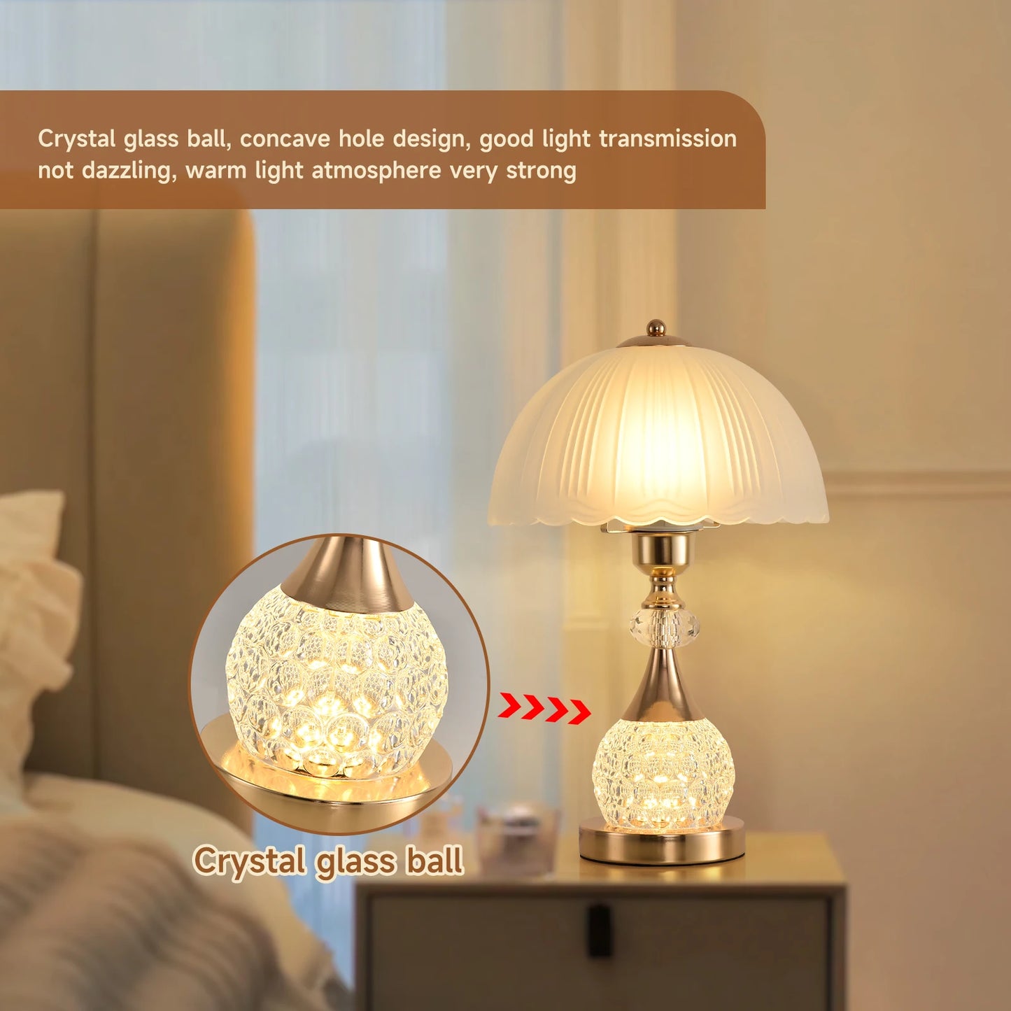 Bedside Table Lamp, Luxury Crystal- Push Button Switch Control Dimming
