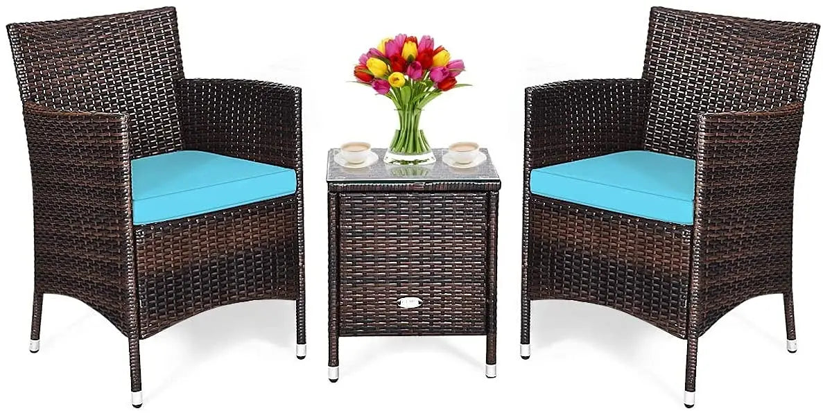 3‑Piece Patio Furniture Set – Wicker Rattan Chairs with Thick Cushions & Glass‑Top Coffee Table