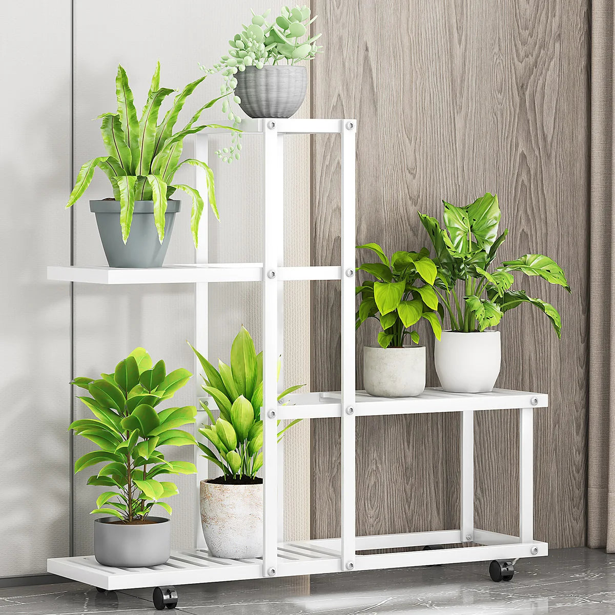 Plant Stand Indoor Outdoor, Wrought Iron Multiple Planter Rack Organizer w/Wheels Flower Display Stand for Balcony Garden