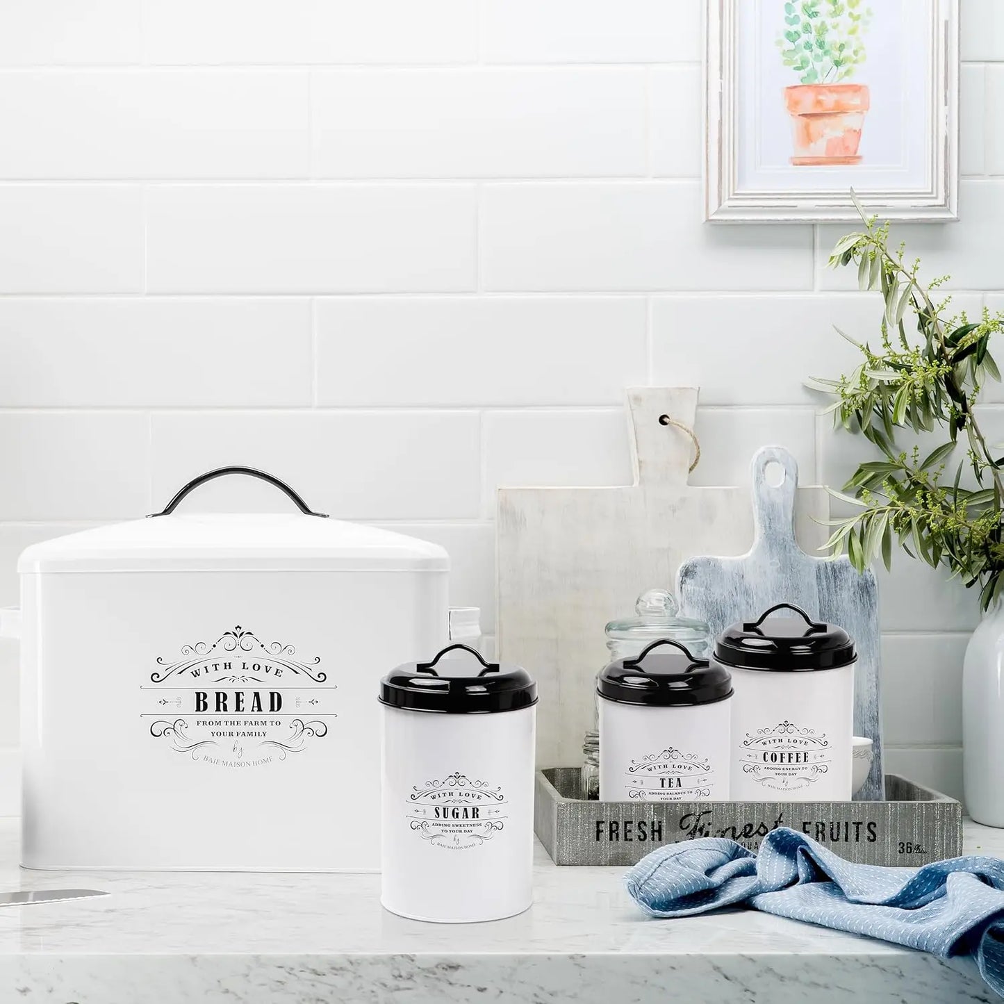 White Farmhouse Bread Box & Canister Set - Large Metal Storage for Kitchen Counter