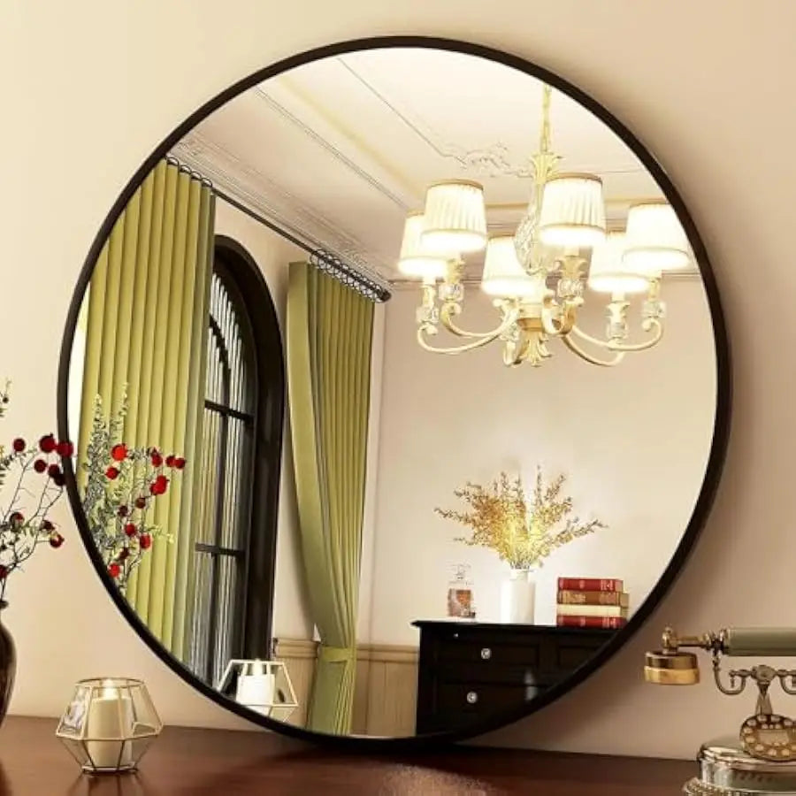 Modern Round Wall Mirror – Matte Black Aluminum Frame (30")