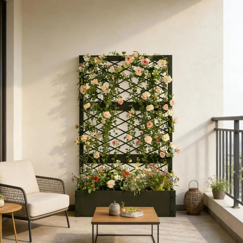 59 inch Metal Planter Planter Box with Privacy Trellis and Drainage Hole