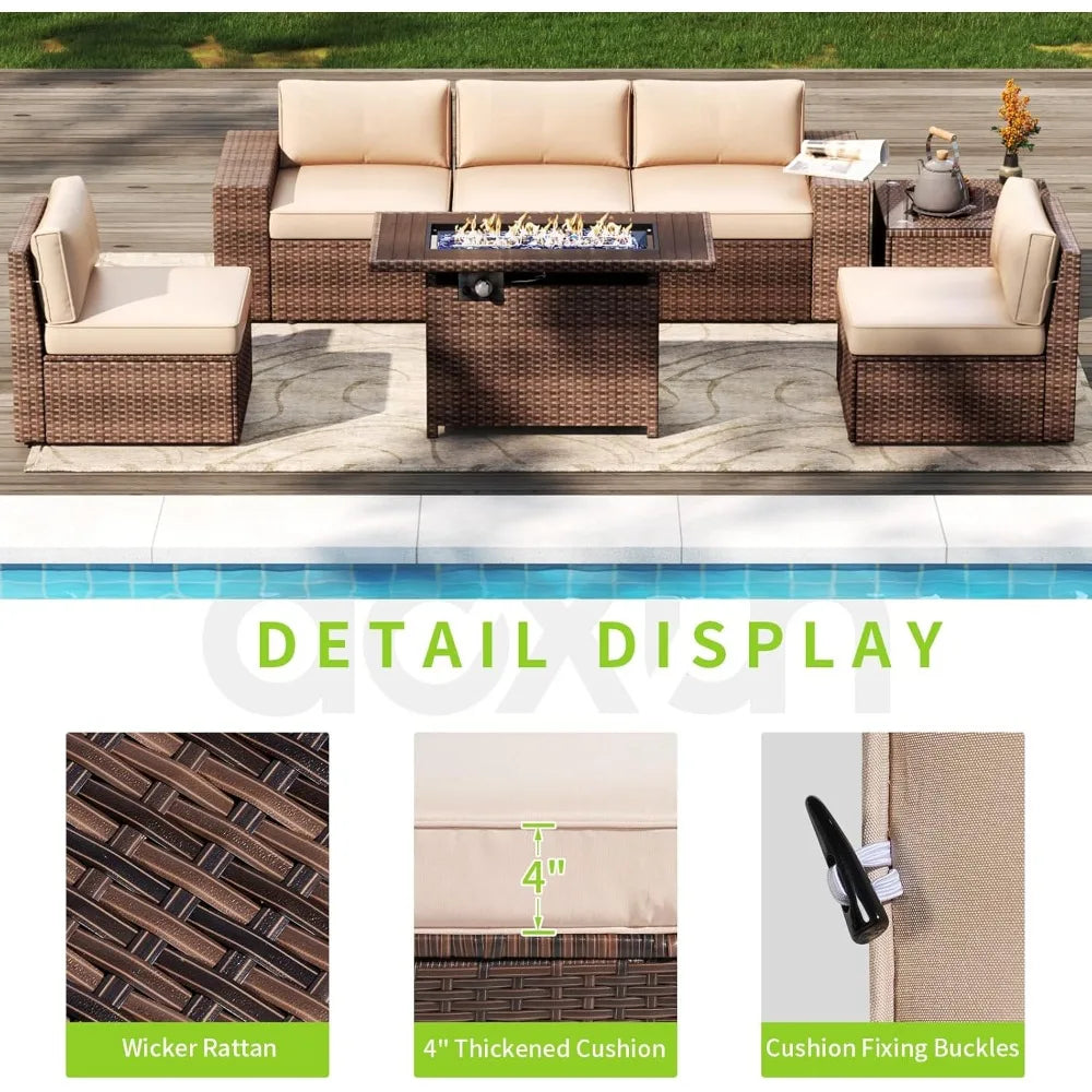 7 Piece Patio Furniture Set with 44 Inch Fire Pit Table, Outdoor Wicker Parlor Set with Thick Cushions