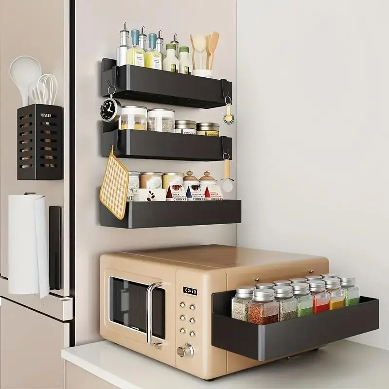 Magnetic Spice Rack for Refrigerator, Kitchen Organizer and Storage Shelf, Black (4 Pack)