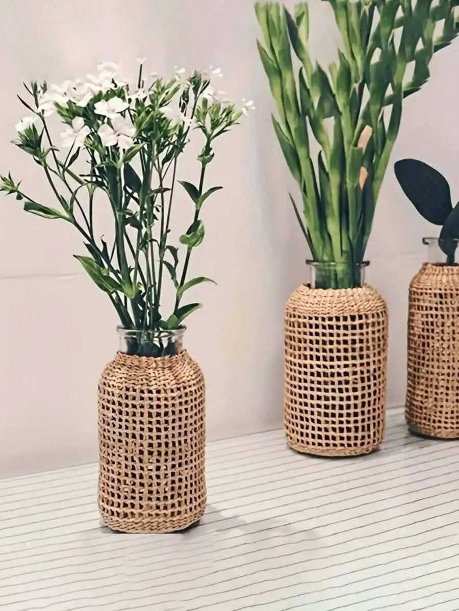 Woven Cylindrical Glass Vase – Decorative Desktop Planter for Home & Office