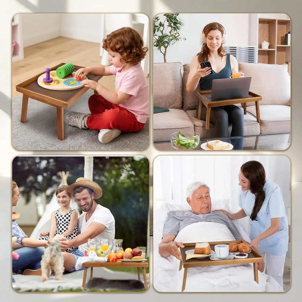 Adjustable Bamboo Breakfast Table – Folding Legs Bed/Sofa Tray for Eating, Laptop Work & TV Viewing