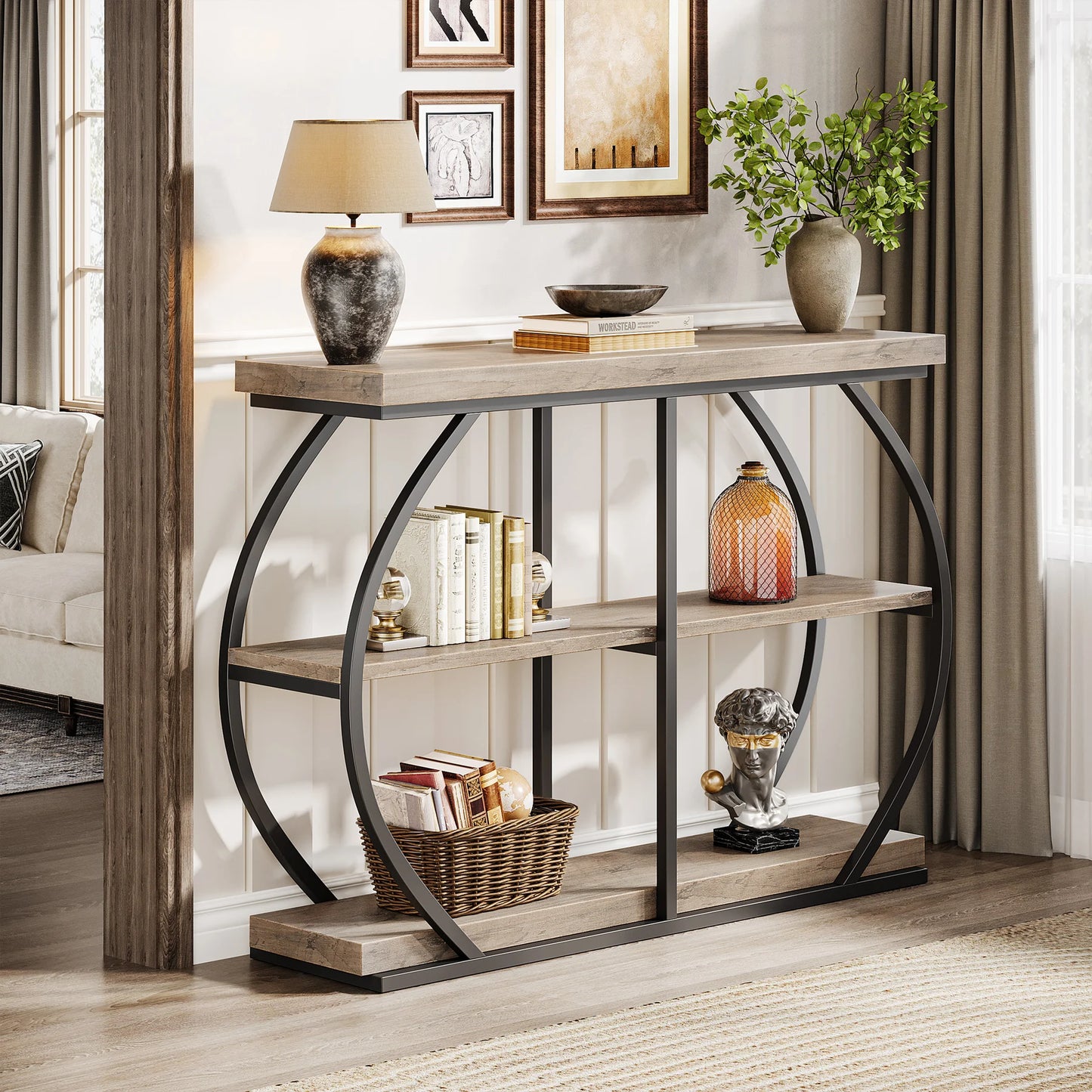 41" Console Table, 3-Tier Entryway Table with Arched Metal Frame and Storage Shelves for Living Room