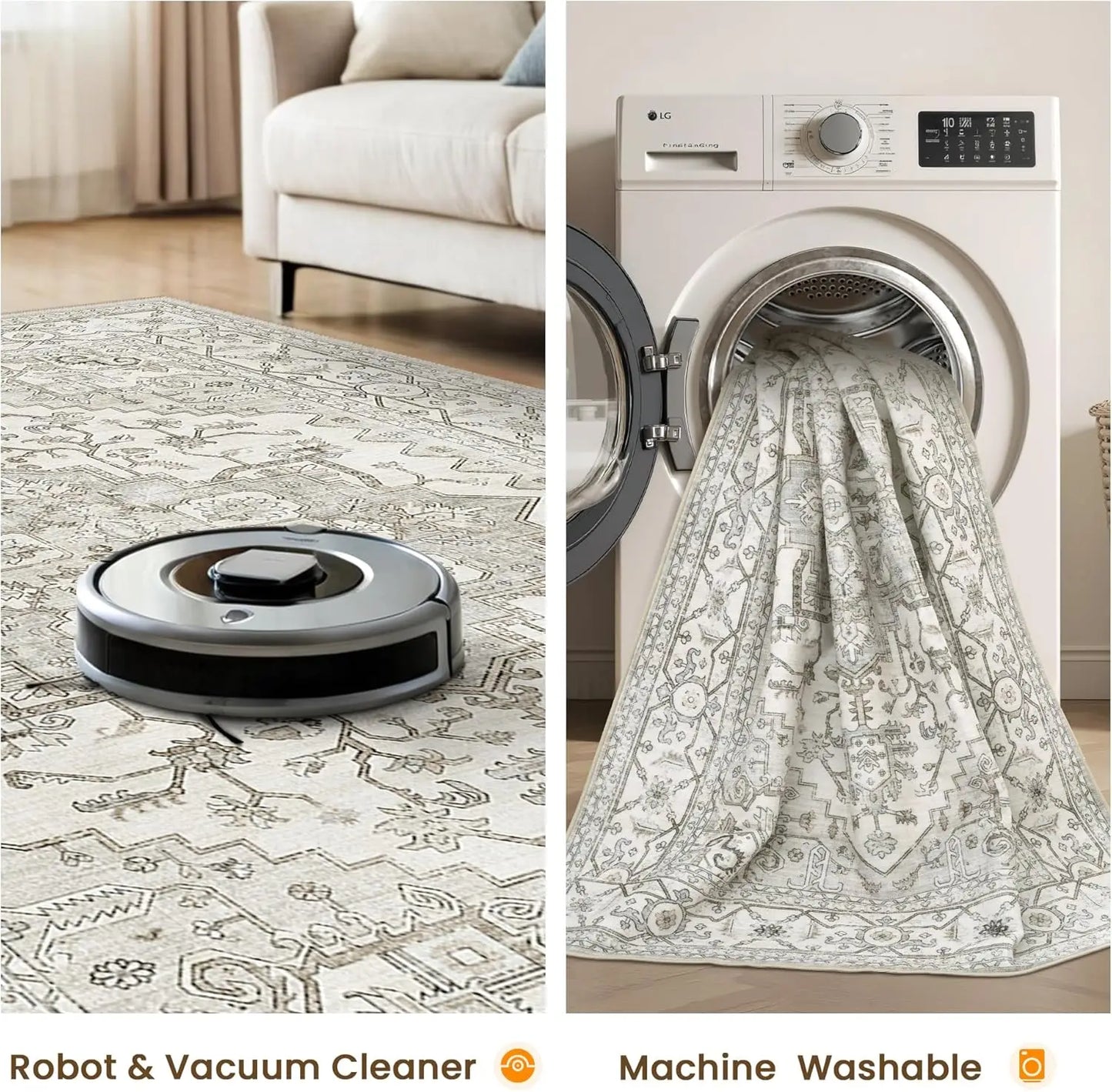 8x10 Washable Area Rug, Stain Resistant, Non-Slip, Beige