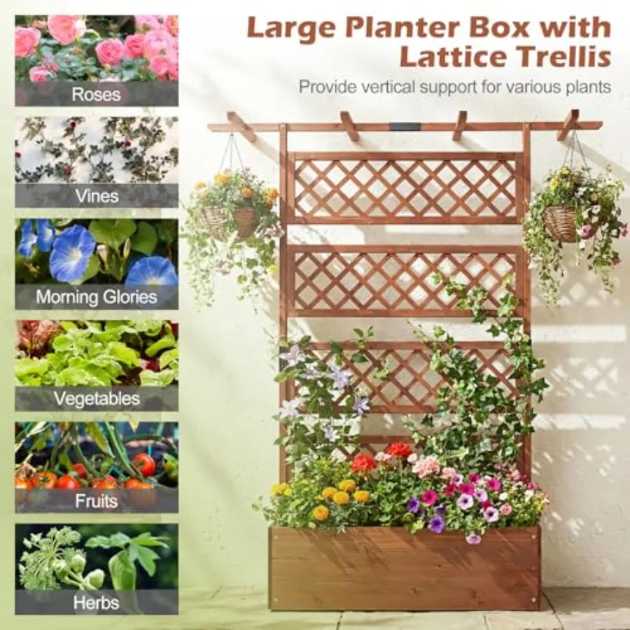 Raised Garden Bed with Trellis 72'' Wooden Planter w/Privacy Screen and Roof w/Drainage