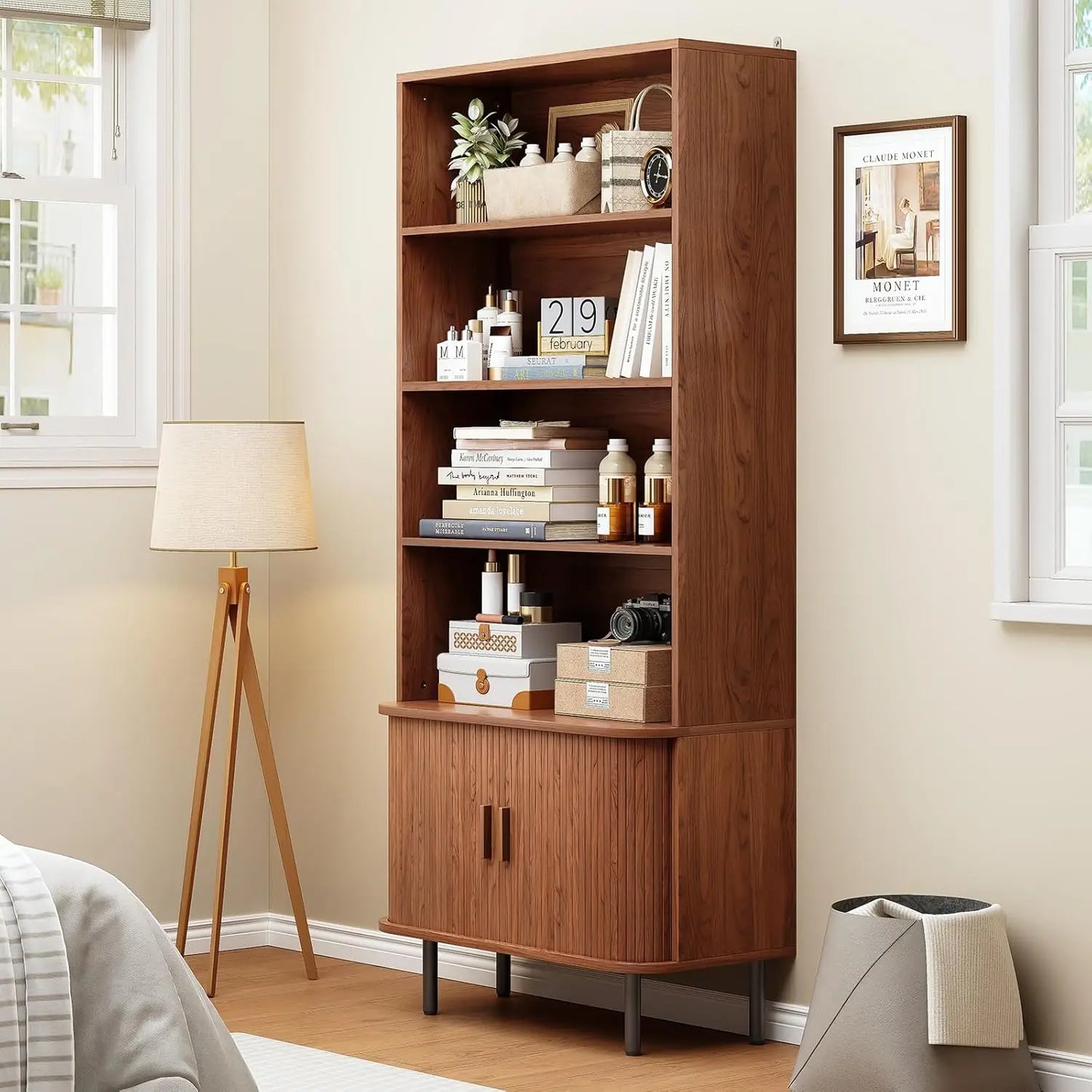 71" Mid-Century Modern Walnut Bookshelf | 4-Tier Bookcase with Sliding Door Cabinet