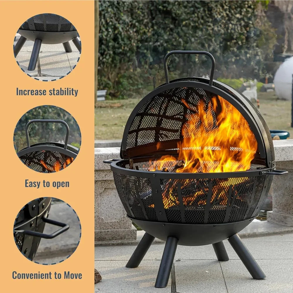 35" Wood Burning Fire Pit with BBQ Grill, Heavy Duty Fire Pit Ball for Outside with Spark Screen