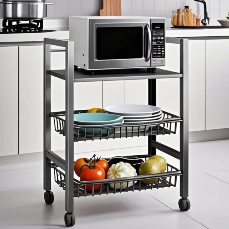 3‑Tier Mobile Kitchen Storage Rack – Adjustable Shelves with 2 Wire Baskets & Organizer
