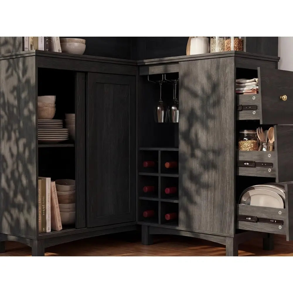 71" L-Shaped Corner Cabinet with Charging Station | Multi-Functional Kitchen Pantry & Wine Bar