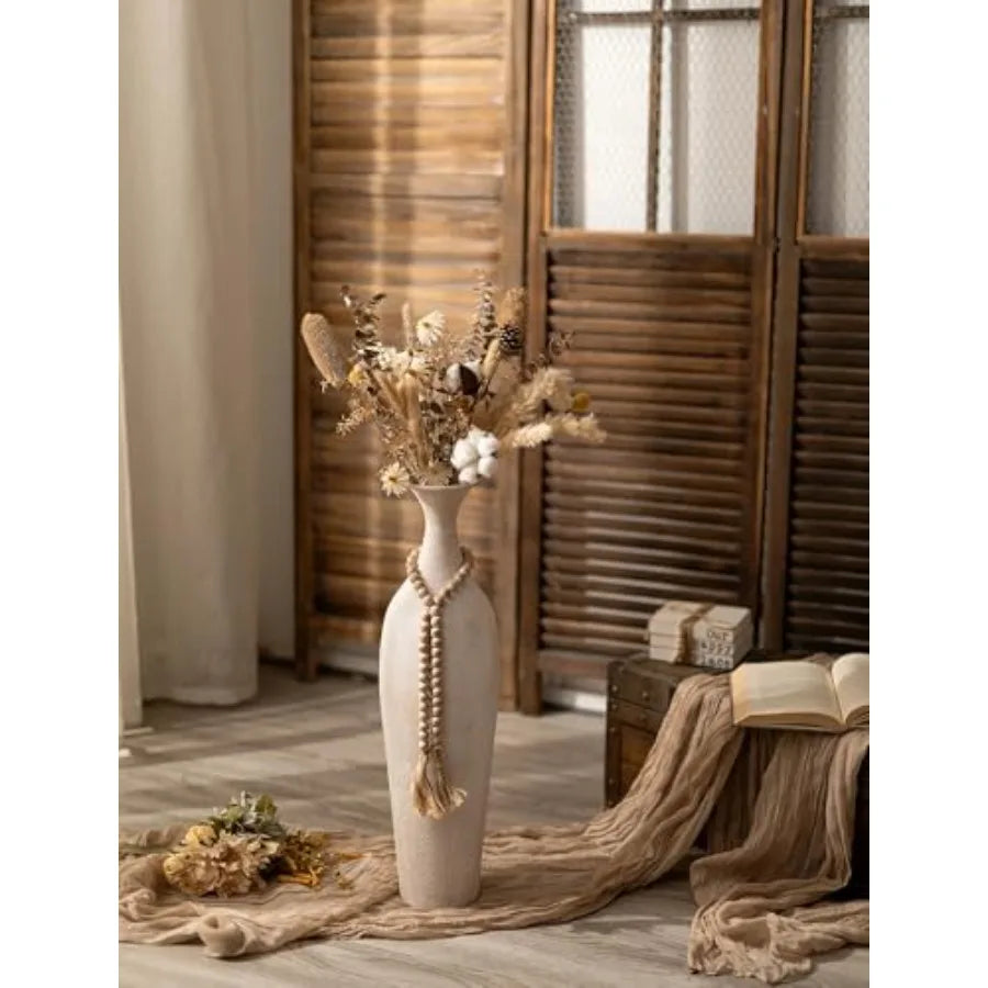 Tall Slender Boho Floor Vase | Matte White Decorative Planter