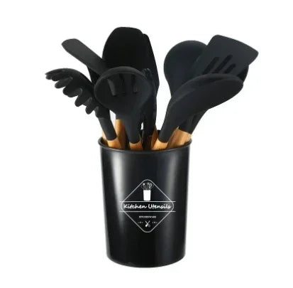 12‑Piece Non‑Stick Silicone Cooking Utensil Set – Wooden Handles, Heat‑Resistant Kitchen Tools with Storage Container