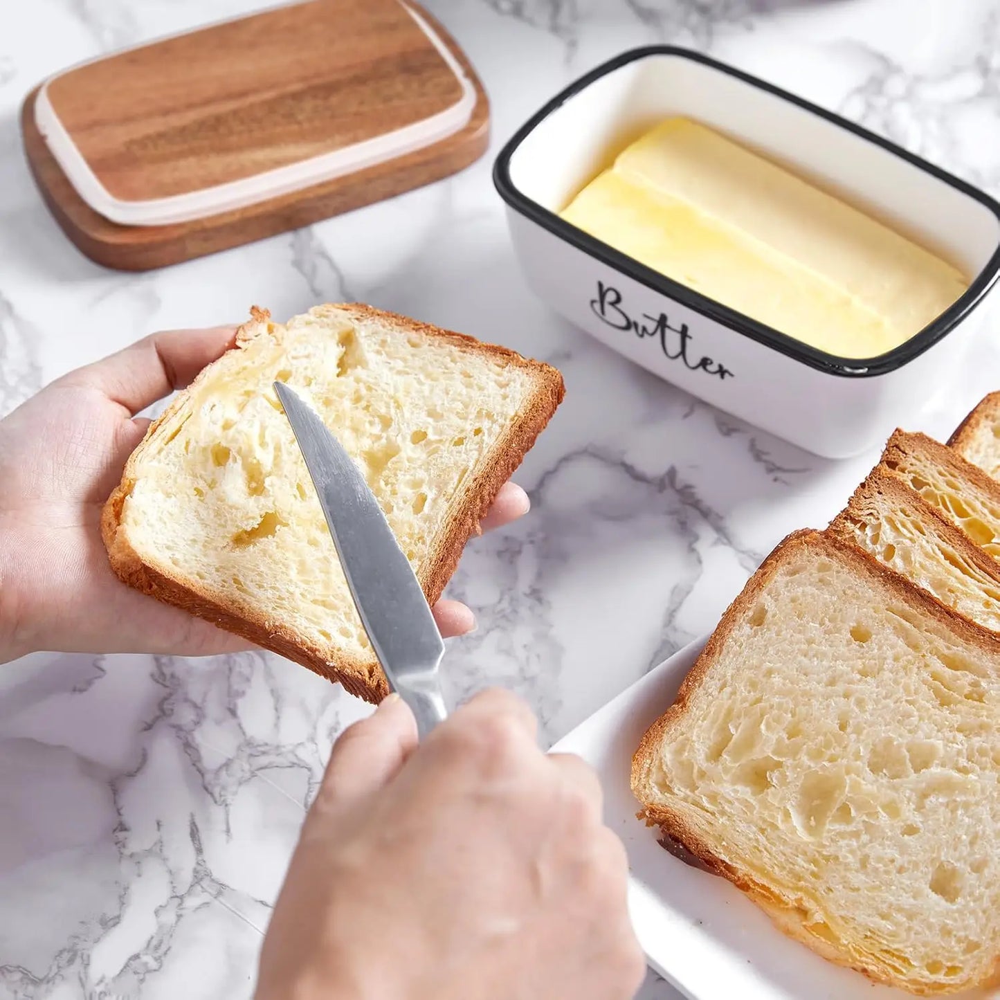 Large White Ceramic Butter Dish – Holds 2 Sticks, Acacia Wood Lid for Modern Kitchen Décor