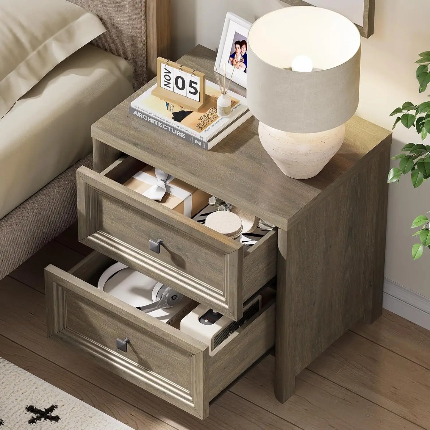 Bedroom Nightstand – Modern 2‑Drawer Side Table with Metal Hardware