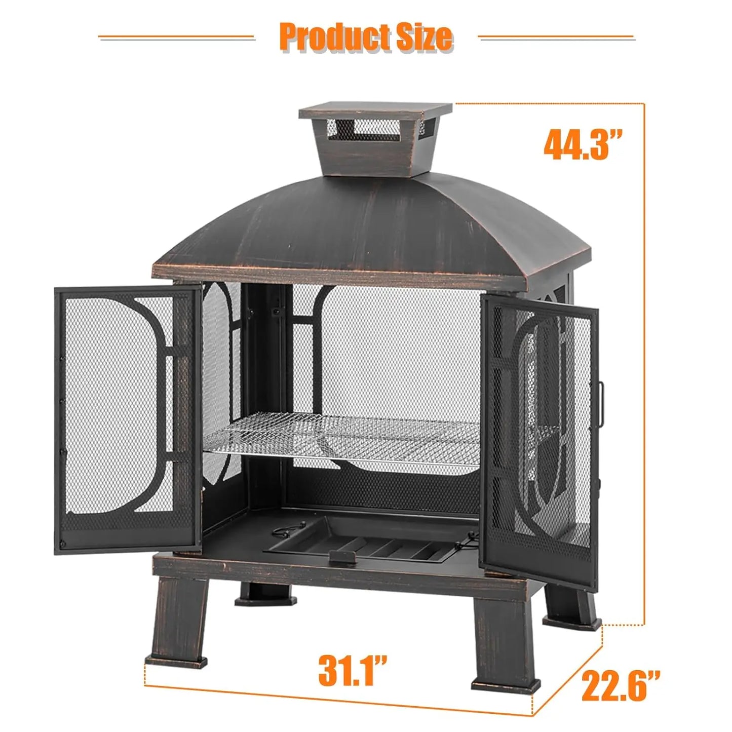 45"H×31''W Metal Square Chiminea Fire Pit with Grill, Wood Burning Fire Pits for Outside