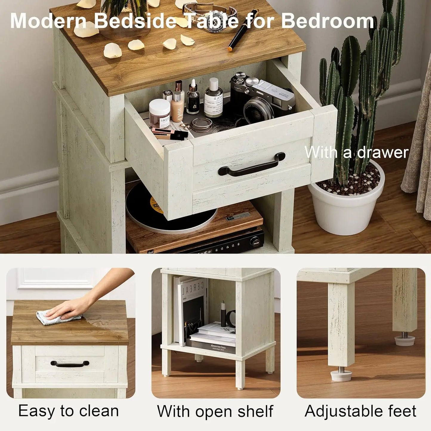 White Bedside Table with Drawer – Small Farmhouse Wooden Nightstand for Bedroom
