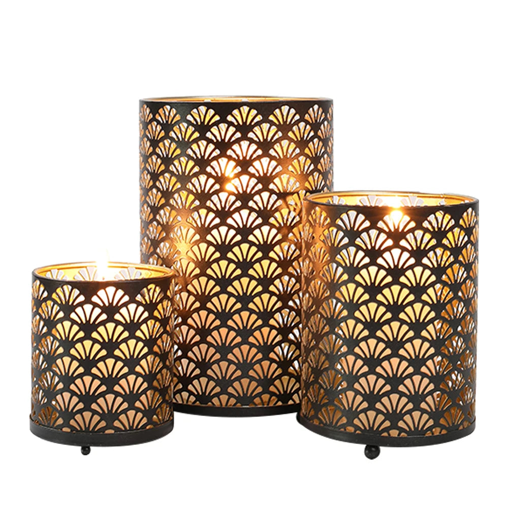 3‑Piece Fan‑Pattern Metal Candle Holder Set – Decorative Home Accent for Tabletop or Shelf