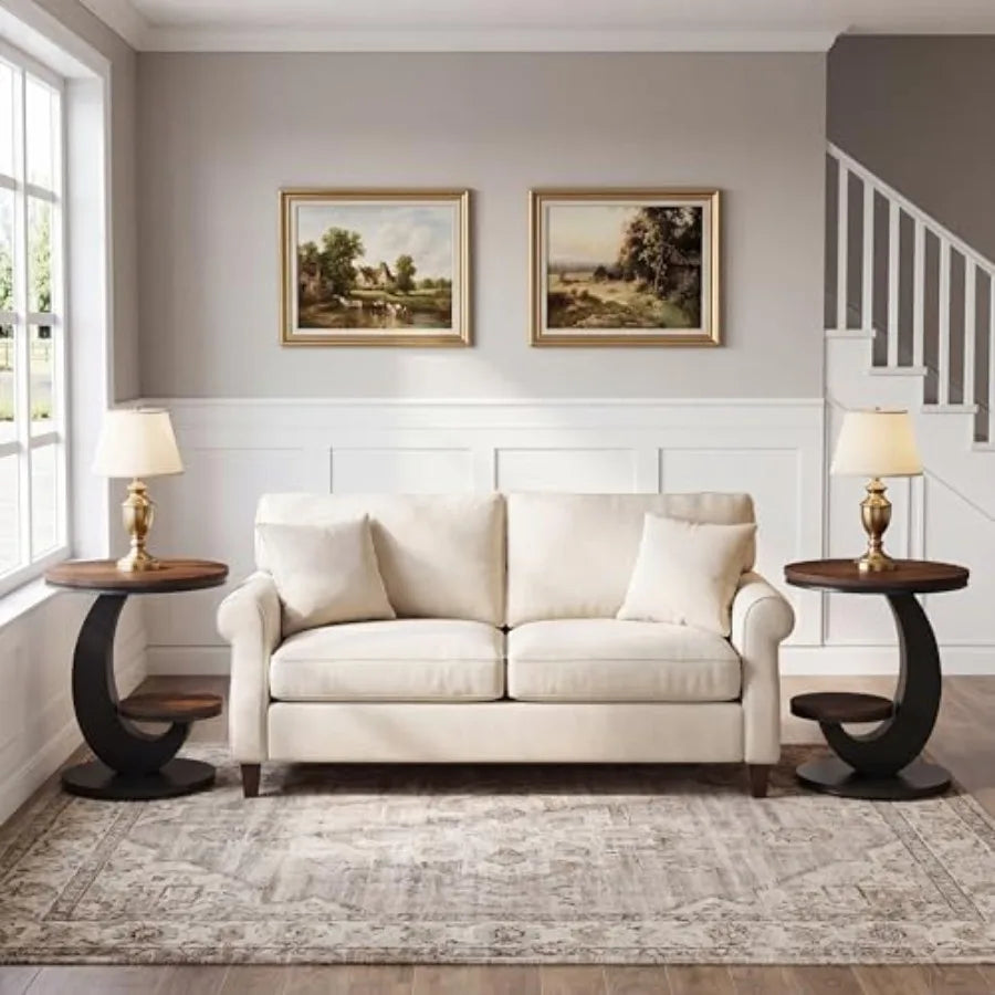 Round C‑Shaped End Table – 2‑Tier Wood Side Table with Metal Frame for Couch or Bedside