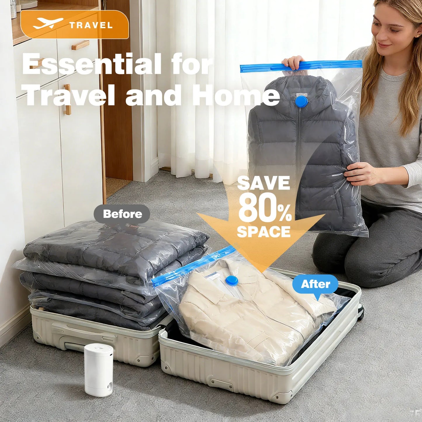 Space‑Saver Vacuum Storage Bags – Wireless Rechargeable Pump for Clothes, Bedding & Travel