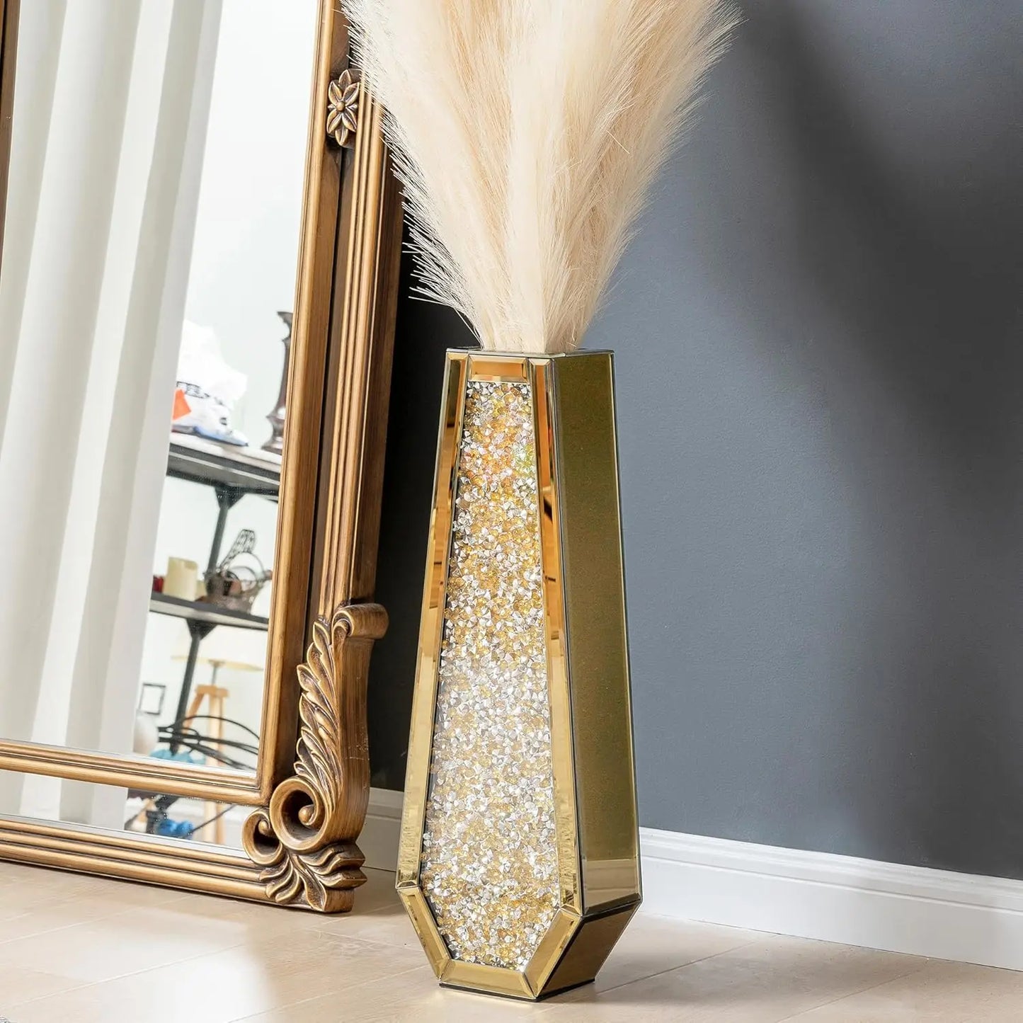 24" Gold Crushed Diamond Floor Vase – Tall Mirrored Crystal Decorative Vase for Pampas Grass & Home Décor