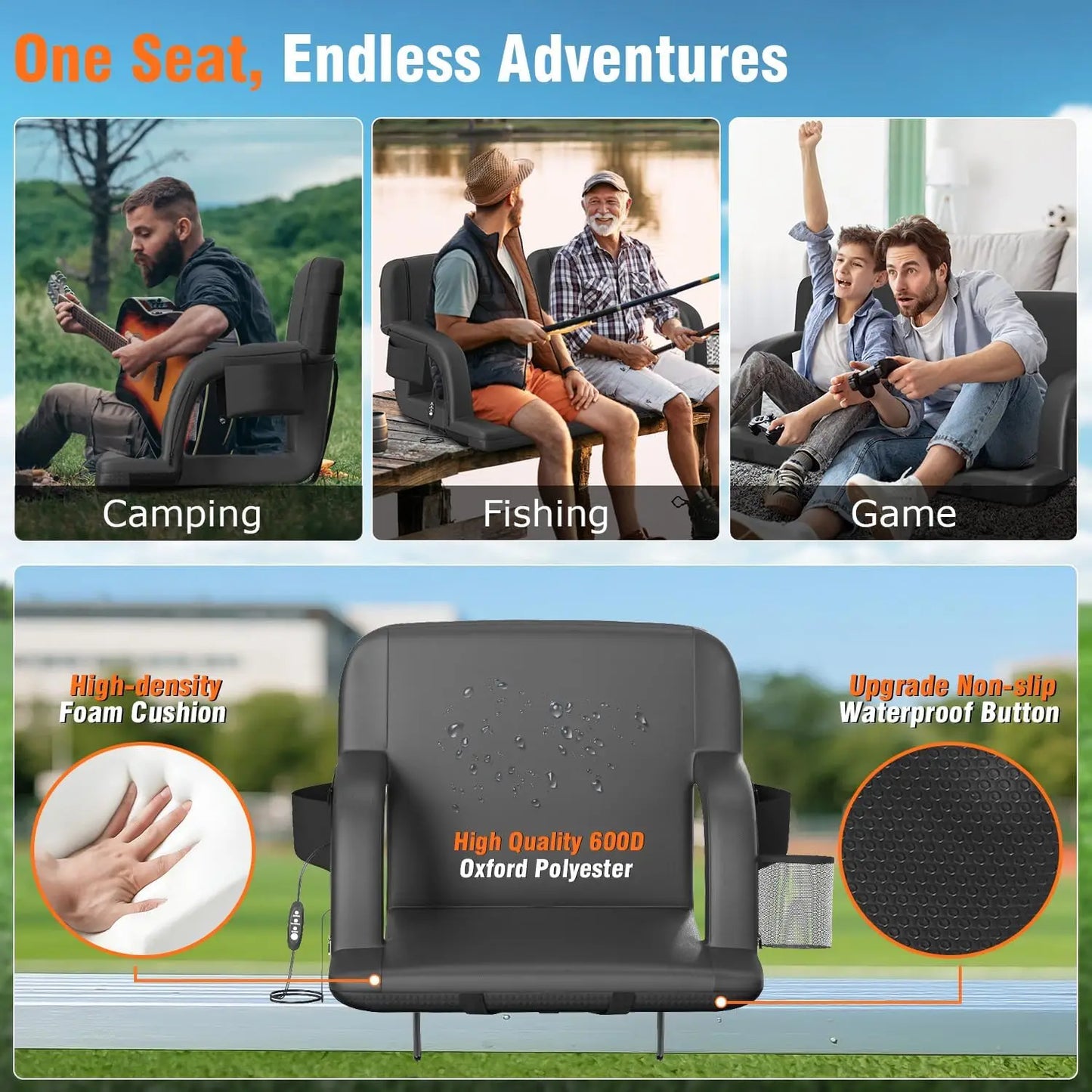 Heated Stadium Seat with Back Support, Foldable Chair with USB Heating and Storage Pockets for Outdoor Events