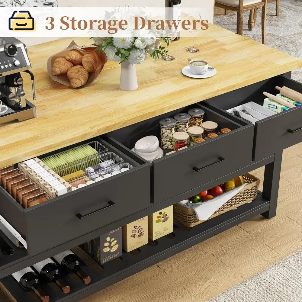 60" Kitchen Island with Power Outlets, Ample Work Surface, 3 Drawers & 2 Shelves, Black Cottage Style
