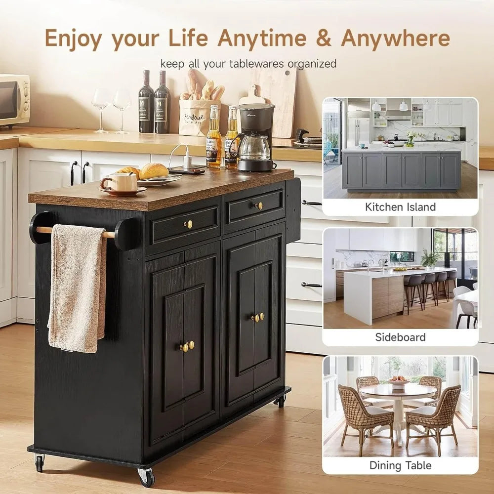 58" Mobile Kitchen Island with Power Outlet, Drawers and Cabinets
