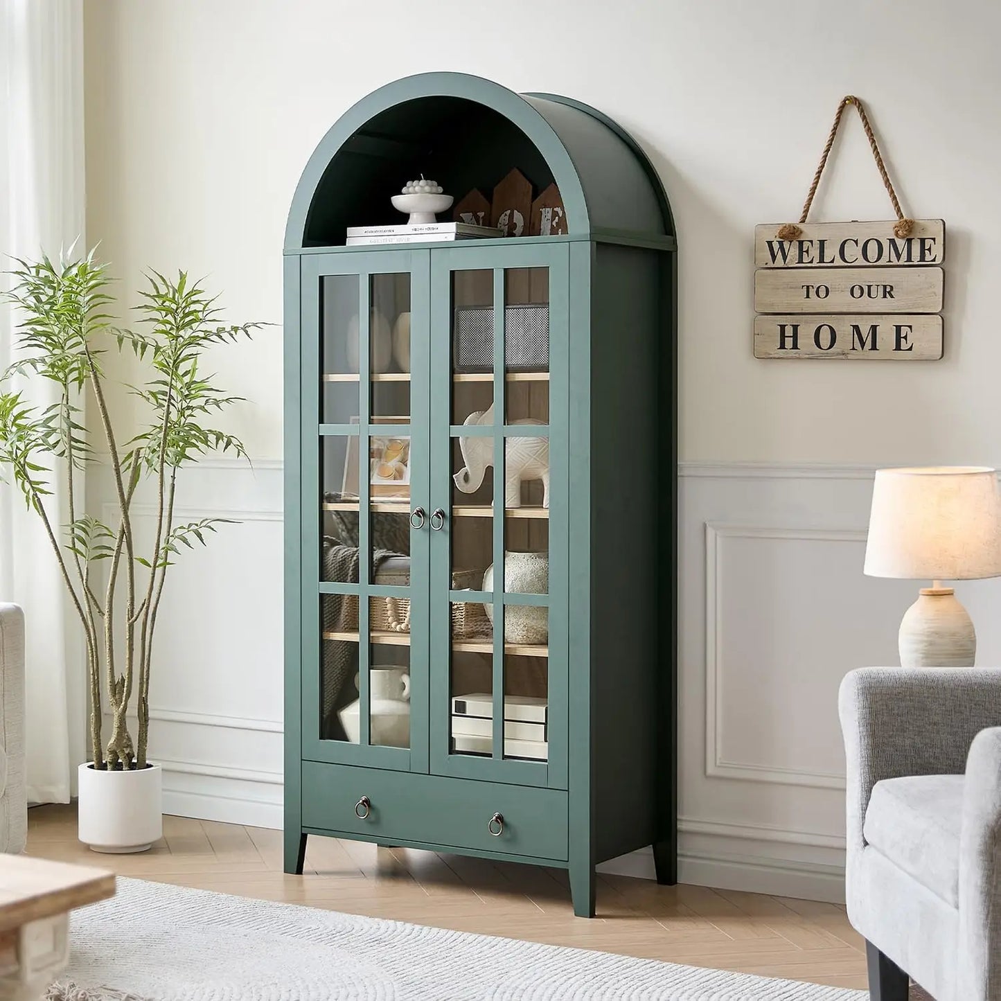 71" Arched Display Cabinet with Glass Doors | 5-Tier Modern Bookcase