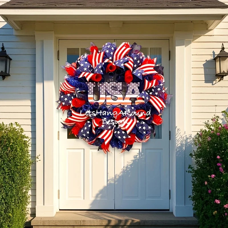 24" Patriotic Wreath – Red, White & Blue USA Flag Design with Stars, Stripes & Lettering