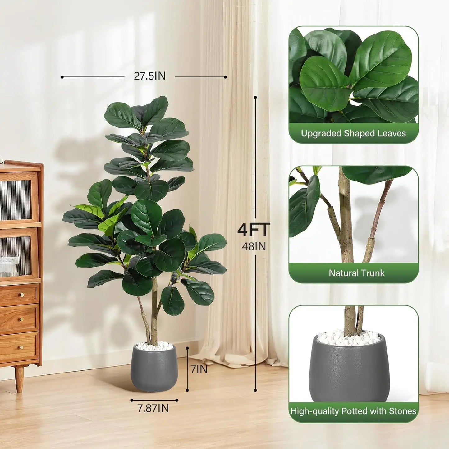 4–7FT Artificial Fiddle Leaf Fig Tree – Realistic Faux Ficus Lyrata with Lush Leaves in White Planter Pot